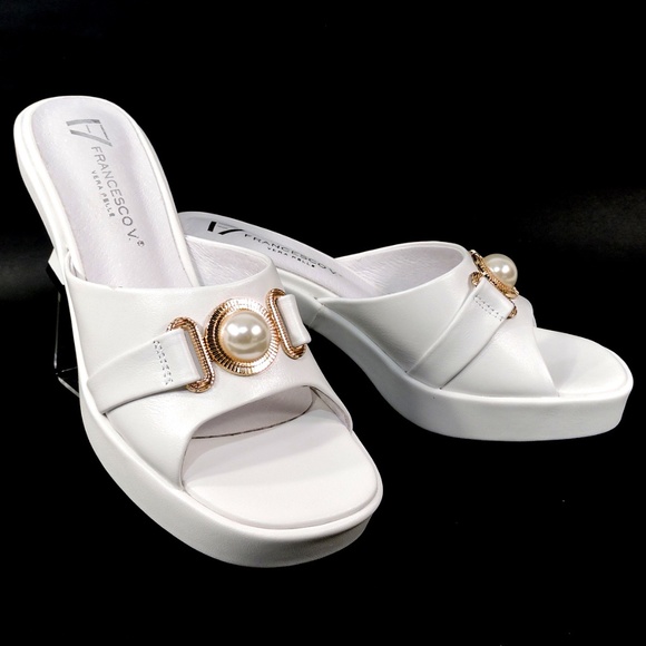 FRANCESCO V. 🇮🇹 WOMEN'S WHITE SOFT LEATHER PLATFORM COMFORT MULES - Picture 2 of 8